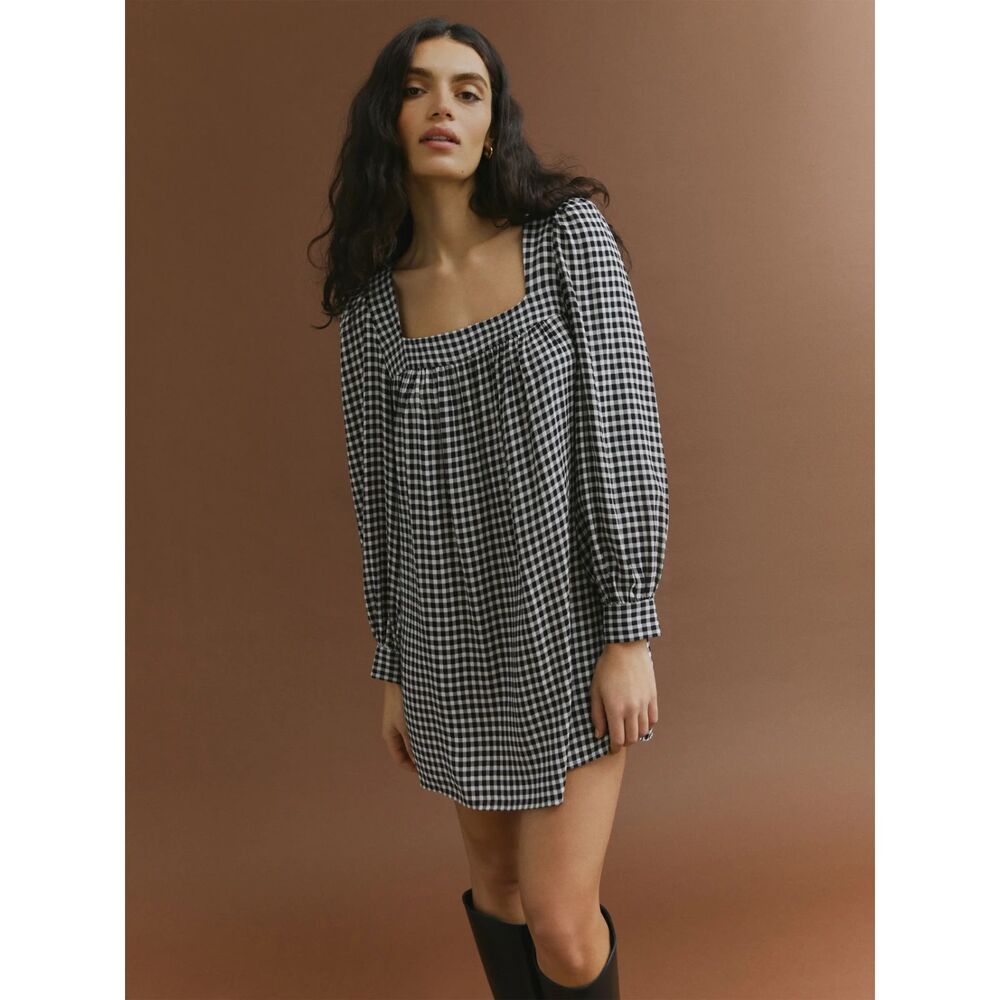 Reformation Gingham Puff Sleeve Mini Dress Black White Check Small S